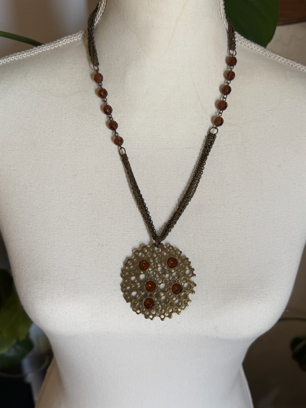Vintage Bronze Filigree & Facet Cut Glass Beads Pendant Necklace
